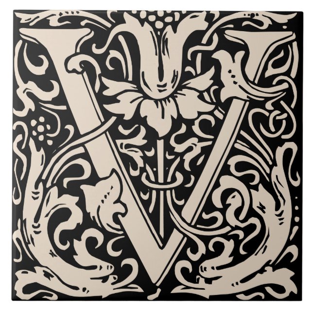 William Morris Art Nouveau Floral Initial Letter U Tile (Front)