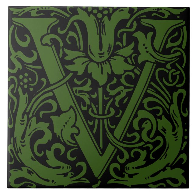 William Morris Art Nouveau Floral Initial Letter U Tile (Front)