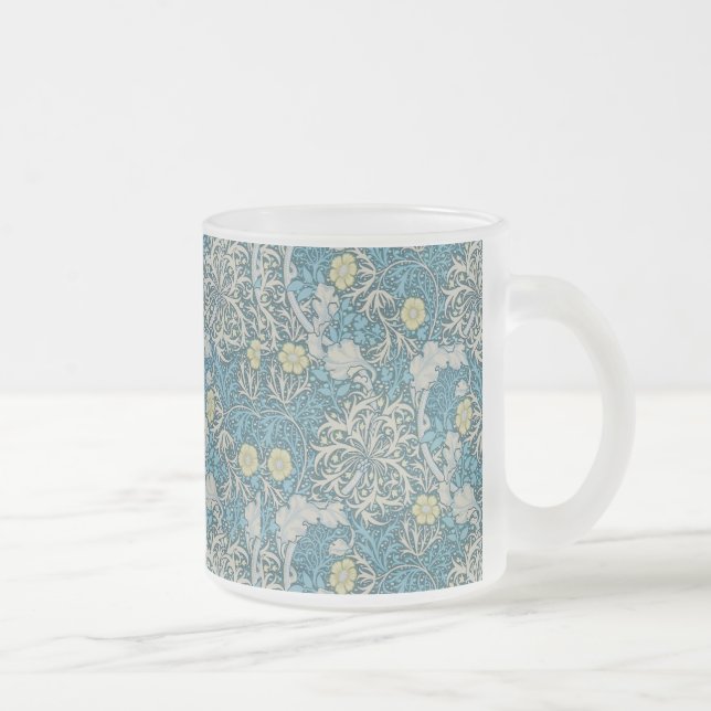 William Morris,art nouveau pattern, seaweed,blue,f Frosted Glass Coffee Mug (Right)