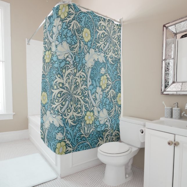 William Morris,art nouveau pattern, seaweed,blue,f Shower Curtain (In Situ)