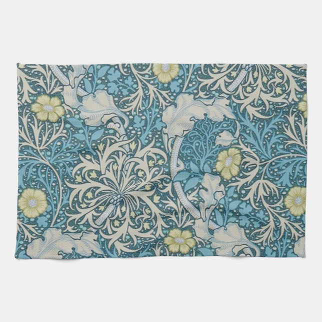 William Morris,art nouveau pattern, seaweed,blue,f Tea Towel (Horizontal)