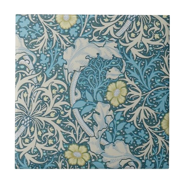 William Morris,art nouveau pattern, seaweed,blue,f Tile (Front)
