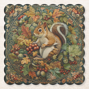 William Morris Autumn Chipmunk Leaves Berries Paper Coaster