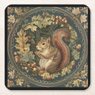 William Morris Autumn Chipmunk Leaves Berries Square Paper Coaster