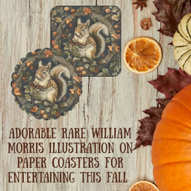 William Morris Autumn Chipmunk Leaves Berries Square Paper Coaster (Fun paper coasters for fall!)