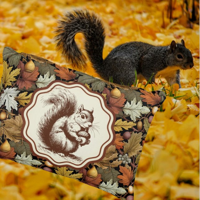 William Morris Autumn Leaves with Squirrel Retro  Decorative Cushion (Cute accent pillow for fall!)