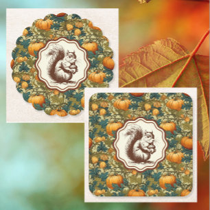 William Morris Autumn Pumpkin with Squirrel Retro  Square Paper Coaster