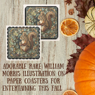 William Morris Autumn Squirrel Leaves Berries Square Paper Coaster