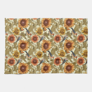 William Morris Autumn Sunflowers Birds Autumn Tea Towel