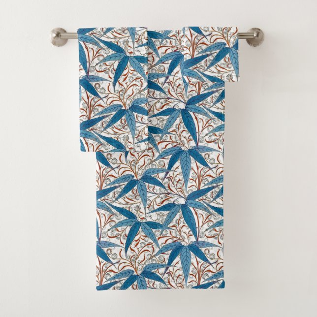 William Morris Bamboo Print, Denim Blue & White Bath Towel Set (Insitu)