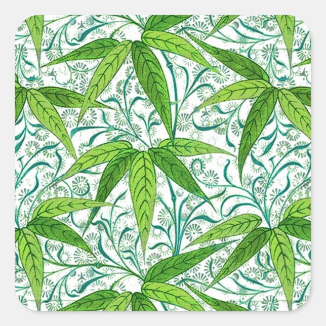 William Morris Bamboo Print, Green and White Square Sticker (Front)