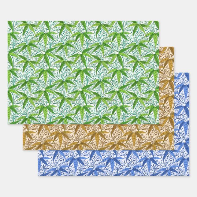 William Morris Bamboo Print, Green, Gold & Blue  Wrapping Paper Sheet (Set)