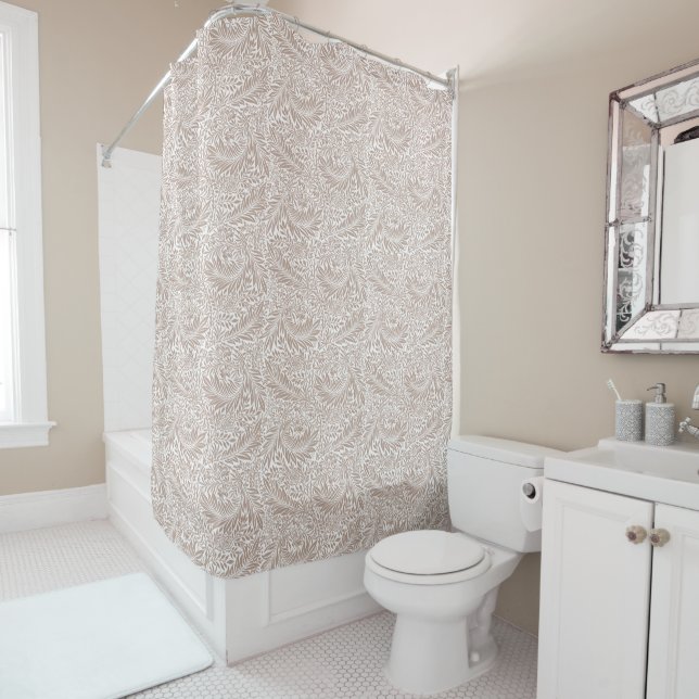 William Morris Beige Larkspur Pattern Shower Curtain (In Situ)