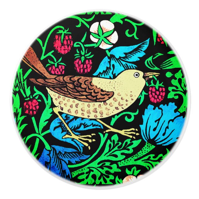 William Morris Bird & Flower, Blue and Brown Ceramic Knob (Front)