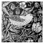 William Morris Bird & Flower Tile, Black and White Tile<br><div class="desc">Ceramic tile in a William Morris Art Nouveau tile pattern, digitally enhanced and coloured, depicting a bird, wild flowers, leaves, and wild strawberries in shades of silver grey / grey and white, against a black background</div>