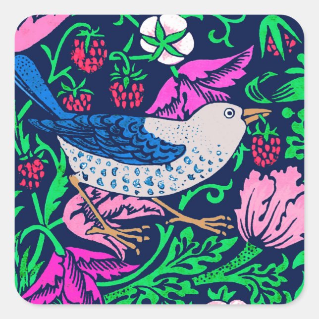 William Morris Bird & Flower Tile, Navy & Fuchsia Square Sticker (Front)
