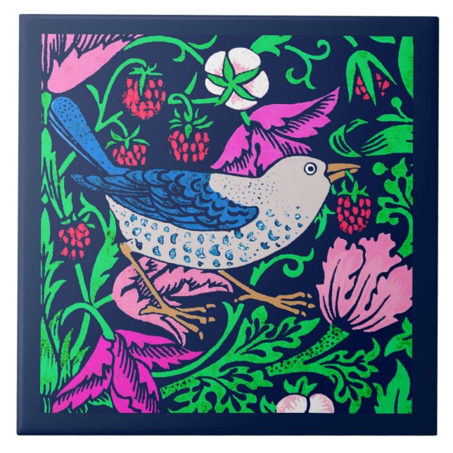 William Morris Bird & Flower Tile, Navy & Fuchsia Tile (Front)