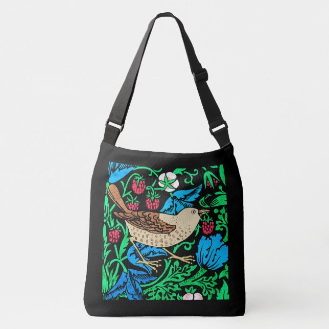 William Morris Bird & Flower Tile, on Black Crossbody Bag (Front)