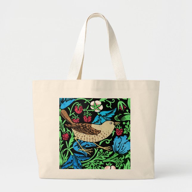 William Morris Bird & Flower Tile, on Black Large Tote Bag (Front)