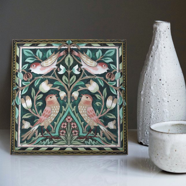 William Morris Birds and Tulips Green Art Nouveau Tile (Creator Uploaded)