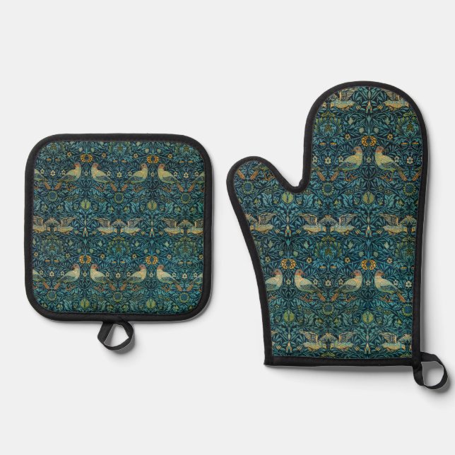 William Morris Birds & Floral Pattern Oven Mitt & Pot Holder Set (Front)