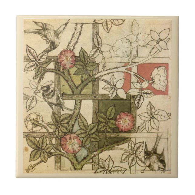 William * Morris  Birds Trellis Vines Olive Beige  Tile (Front)