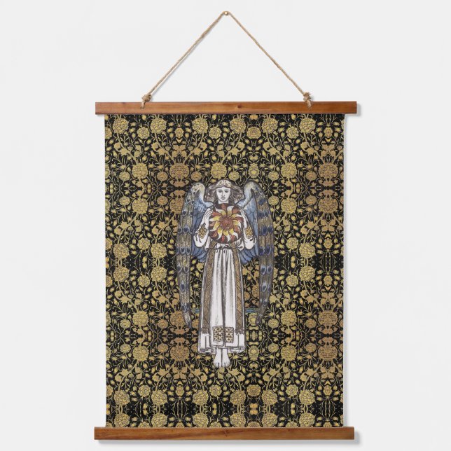 William * Morris Black and Gold Floral Angel Hanging Tapestry (Front)