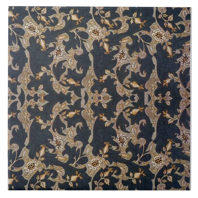 William * Morris Black and Gold Pine Cone Design Tile (Front)