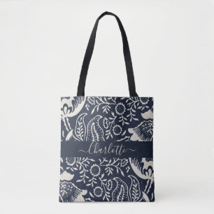 William Morris Black Cream Floral Monogram Tote Bag