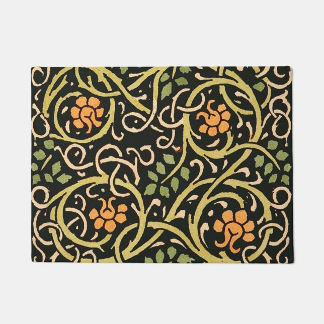 William Morris Black Floral Art Print Design Doormat (Front)