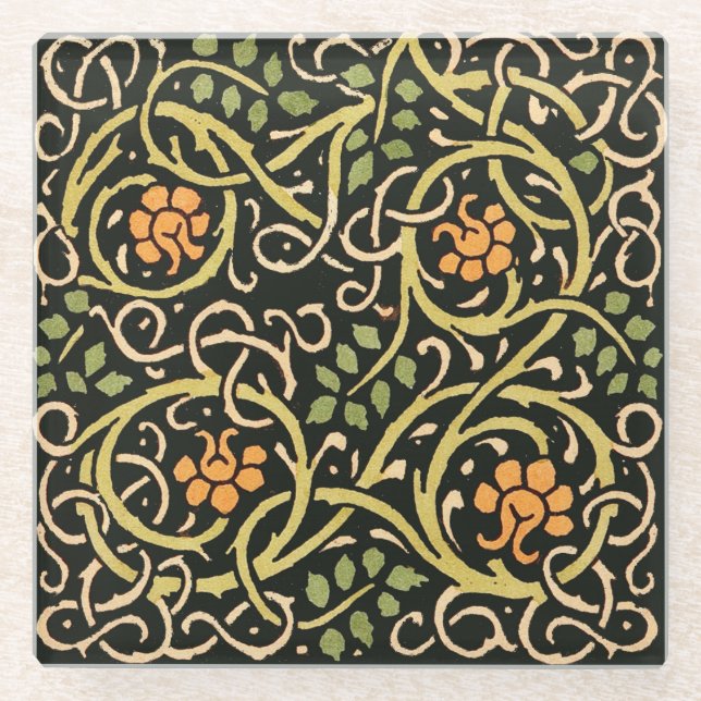 William Morris Black Floral Art Print Design Glass Coaster (Front)