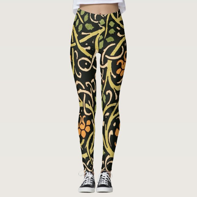 William Morris Black Floral Art Print Design Leggings (Front)