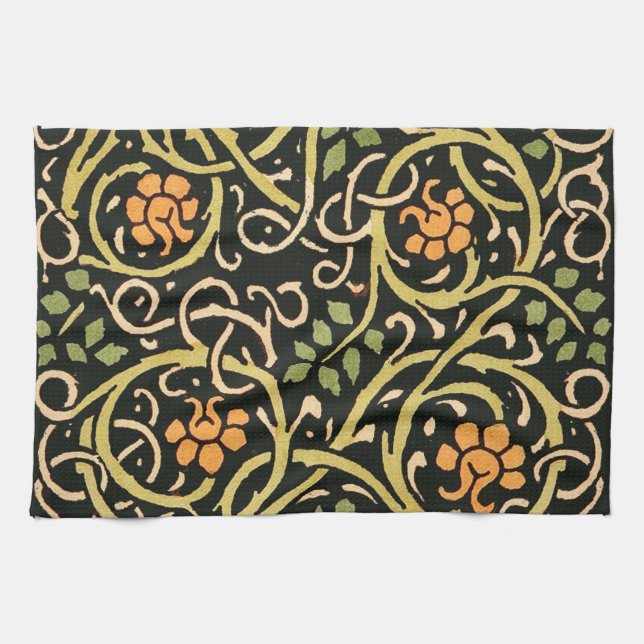 William Morris Black Floral Art Print Design Tea Towel (Horizontal)