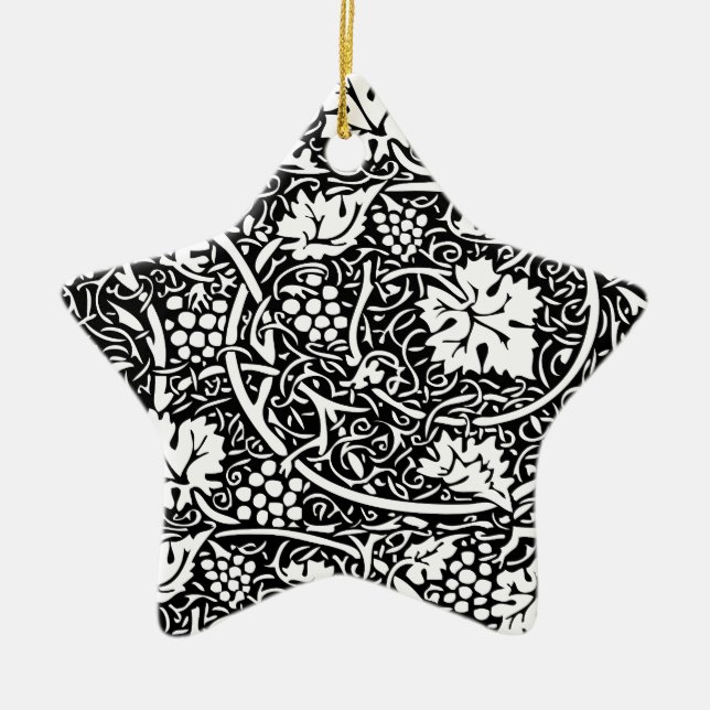 William Morris Black White Grape Vine Ceramic Tree Decoration (Front)