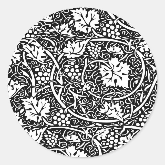William Morris Black White Grape Vine Pattern Classic Round Sticker (Front)