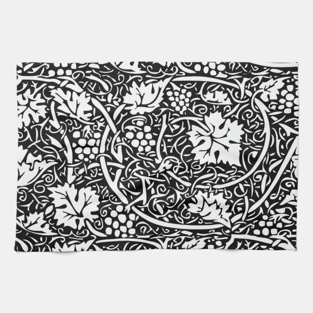William Morris Black White Grape Vine Pattern Tea Towel (Horizontal)