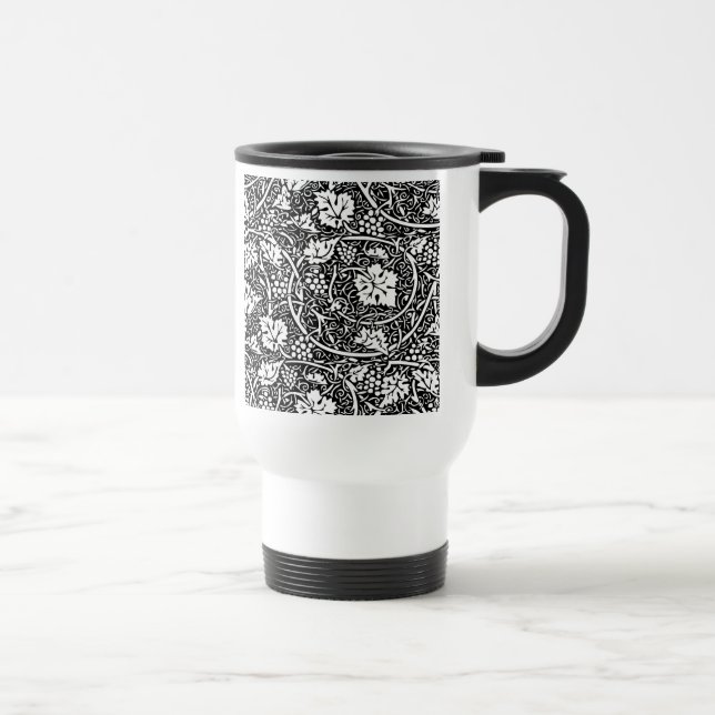 William Morris Black White Grape Vine Pattern Travel Mug (Right)
