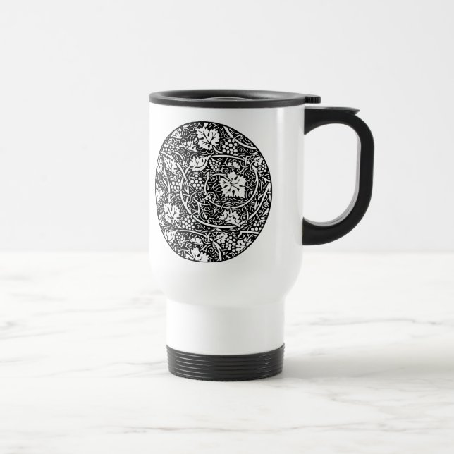 William Morris Black White Grape Vine Pattern Travel Mug (Right)