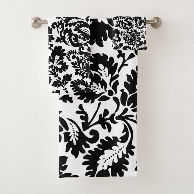 William Morris Black White Venetian Floral Pattern Bath Towel Set (Insitu)