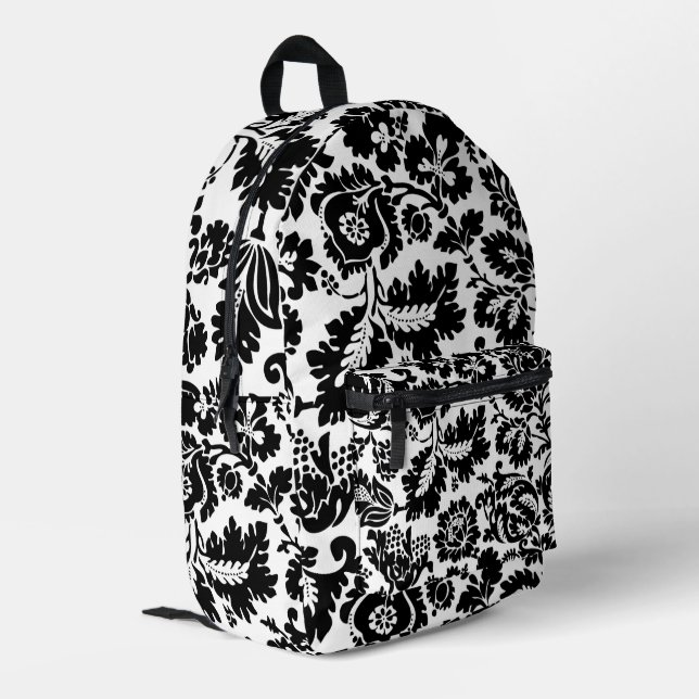 William Morris Black White Venetian Floral Pattern Printed Backpack (Back Corner Left)