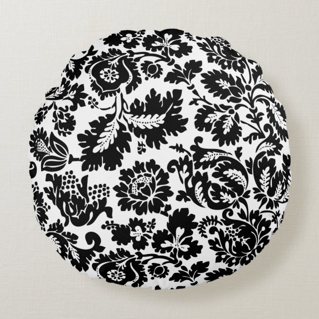 William Morris Black White Venetian Floral Pattern Round Cushion (Front)