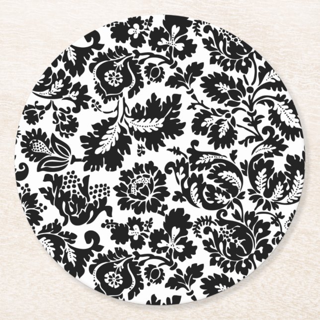 William Morris Black White Venetian Floral Pattern Round Paper Coaster (Front)