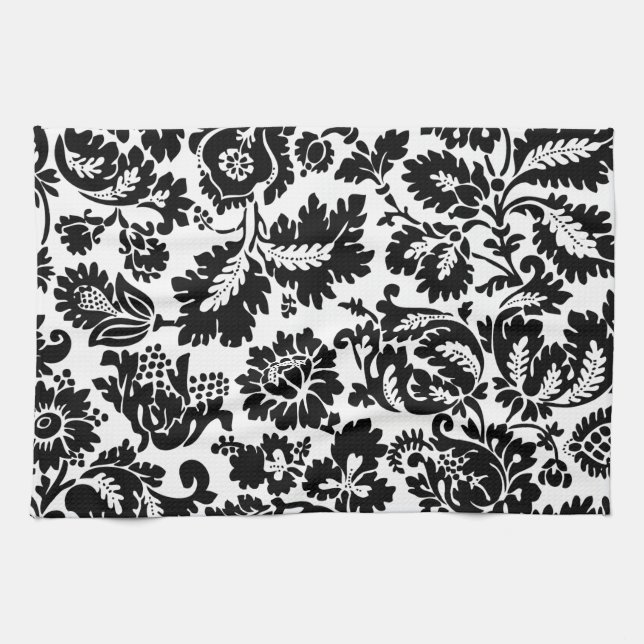 William Morris Black White Venetian Floral Pattern Tea Towel (Horizontal)
