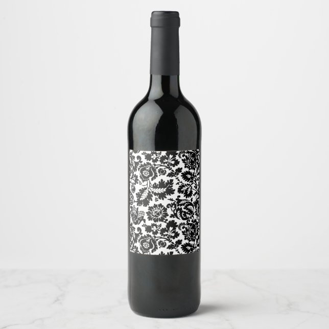 William Morris Black White Venetian Floral Pattern Wine Label (Front)