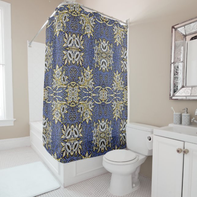 William Morris Blue and Gold Tulip Willow Design Shower Curtain (In Situ)