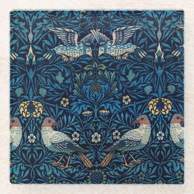 William Morris Blue Birds Tapestry Classic Glass Coaster (Front)
