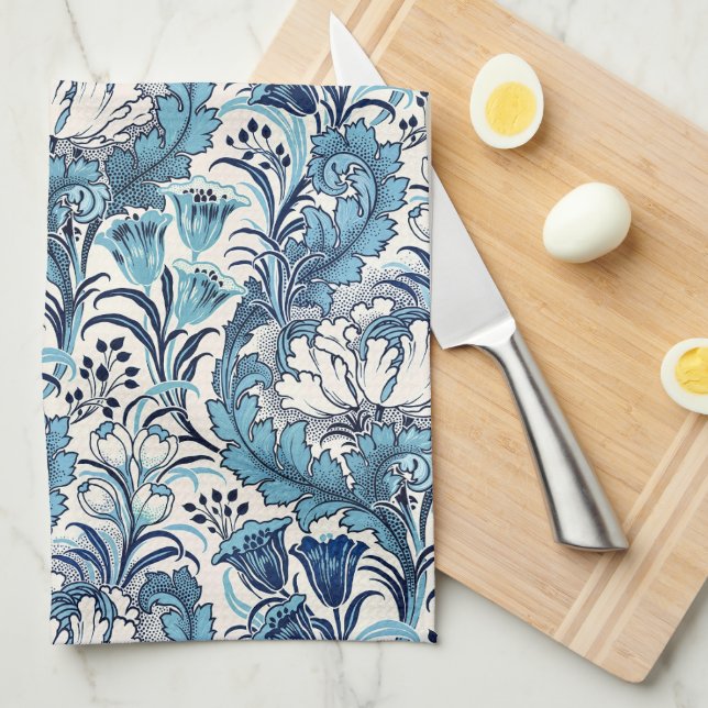 William Morris Blue Cream Floral Pattern Tea Towel (Quarter Fold)