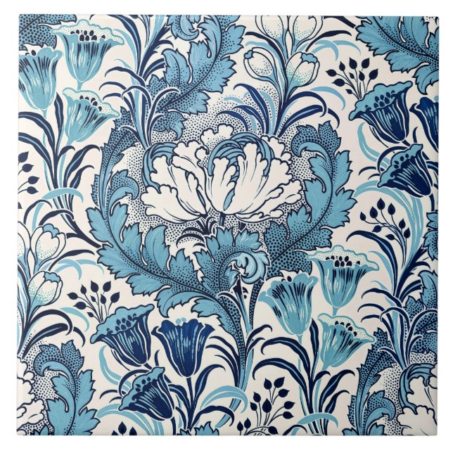 William Morris Blue Cream Floral Pattern Tile (Front)