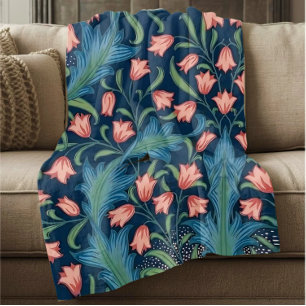 William Morris Blue Green Pink Floral Pattern Fleece Blanket