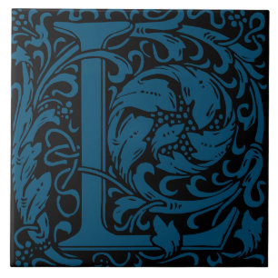 William Morris Blue Monogrammed Letter L Tile